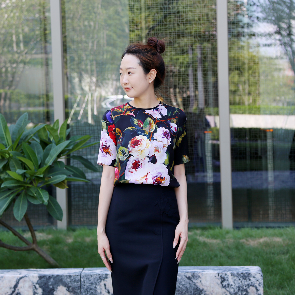 直筒轻奢套头短袖真丝印花衬衫