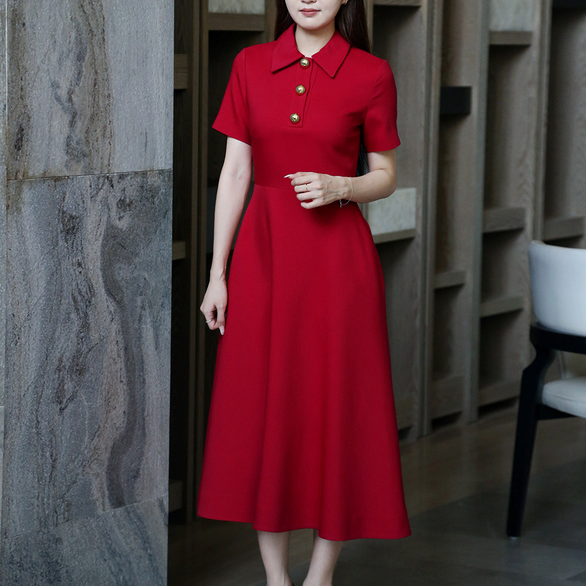 轻奢a字裙丝羊毛纯色金属纽扣