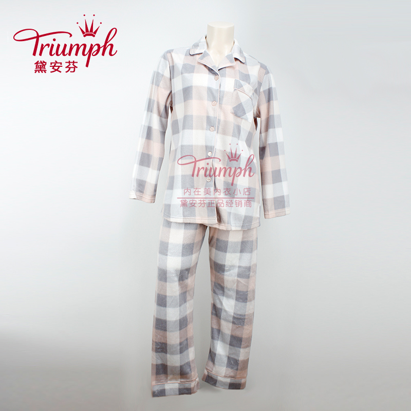 黛安芬专柜正品秋季女士长毛绒格子长袖家居服睡衣套装H000029