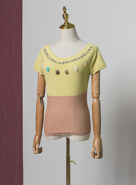 杰西卡专柜正品920 上衣拼色短袖修身套头针织衫26235G