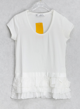 皇冠西西夏季时尚百搭纯色白色多层菲边圆领短袖女T恤89316C