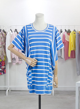 美式复古威莎复古港味荷叶边条纹T恤连衣裙490专柜正品 W1246A