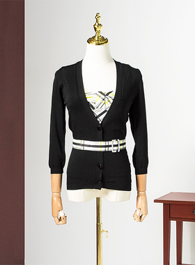 皇冠西西杰西卡秋装拼接修身格子吊带针织开衫两件套292241