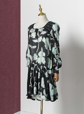 CROWNCC杰西卡真丝印花长袖连衣裙2640专柜正品jessica 29217A