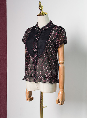 皇冠西西美式复古波点威莎泡泡袖雪纺衬衫380 W82331