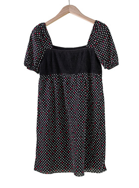 复古女生夏季波点短袖连衣裙黑色拼接泡泡袖中长款裙子  D92134