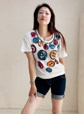 美式复古威莎专柜490港味街头印花中长款纯棉短袖T恤女 W1246B