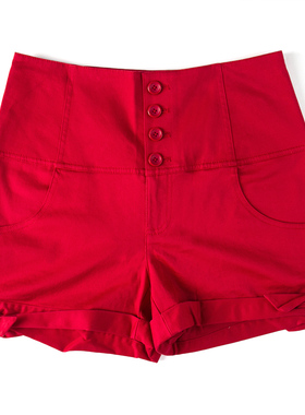 皇冠西西夏季460女士高腰休闲显瘦宽松红色短裤休闲裤D03121