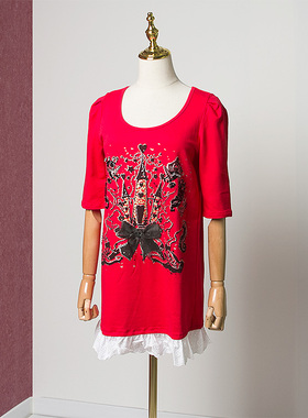 夏季美式复古拼接印花纯棉蝴蝶结女串珠分袖宽松连衣裙D12161