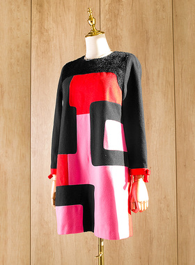 杰西卡冬季潮款圣诞节日欧美重磅拼接色块毛呢连衣裙女裙254372