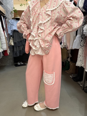 26夏上新!韩系甜美松紧腰拼接蕾丝时尚百搭休闲裤2055#
