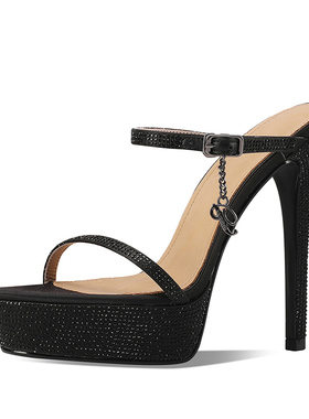 欧美风格女王气质款水钻一字带细跟高跟鞋模特走秀凉鞋宴会舞会鞋