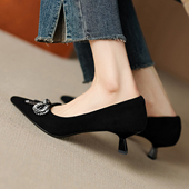 陆大叔 单鞋 4.5CM猫跟尖头蝴蝶结真皮女鞋 舒适百搭不累脚通勤女鞋