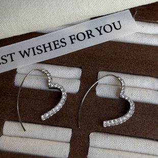 S925银针水钻心形耳环女轻奢气质高级感镶钻耳饰时尚 复古银色耳饰