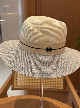 夏季M标草帽女夏天沙滩海边旅游防晒帽子遮阳礼帽百搭太阳帽凉帽