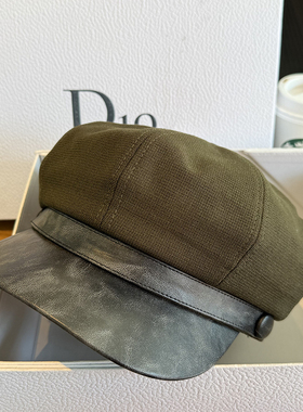 春夏皮沿八角帽拼色百搭鸭舌帽休闲显脸小报童帽绿黑色画家帽时尚