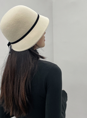 秋冬法式白色羊毛呢毡帽盆帽优雅气质渔夫羊绒复古礼帽小沿蝴蝶结