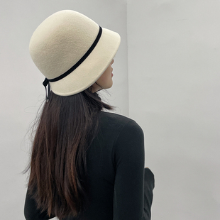 秋冬法式 白色羊毛呢毡帽盆帽优雅气质渔夫羊绒复古礼帽小沿蝴蝶结