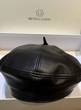 高品质PU皮贝雷帽名媛气质黑色画家帽优雅纯色蓓蕾帽百搭报童女