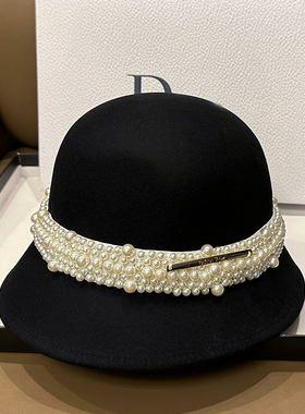 法式小帽檐珍珠赫本帽羊毛礼帽女短沿羊绒毡帽黑白色盆帽优雅气质