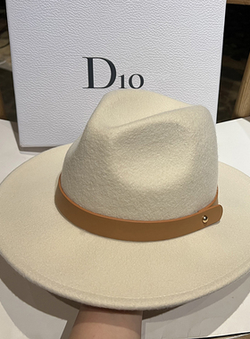 法式复古气质白色羊毛呢爵士帽百搭气质优雅羊绒帽子平沿宽沿毡帽