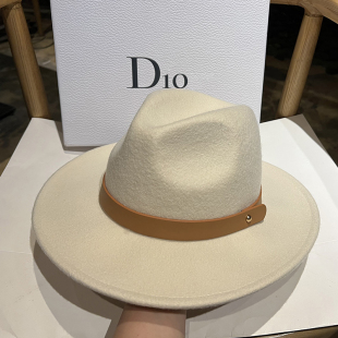 法式 复古气质白色羊毛呢爵士帽百搭气质优雅羊绒帽子平沿宽沿毡帽