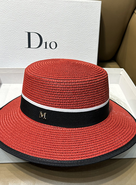 新款网红夏季草帽女红色海边M标字母大沿甜美气质大沿太阳帽优雅