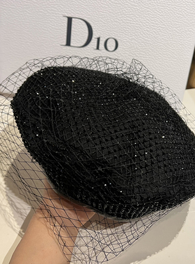 韩版网纱水钻贝雷帽黑色气质百搭南瓜帽复古时尚画家帽优雅气质潮