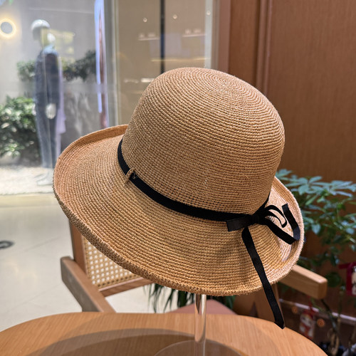 夏季拉菲草简约盆帽海边遮阳防晒渔夫帽卷边休闲时尚小礼帽编织帽