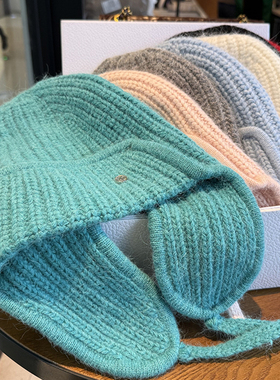 秋冬毛线护耳帽可爱简约针织帽M字母出游复古显脸小帽子软糯加绒