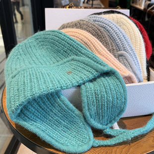 秋冬毛线护耳帽可爱简约针织帽M字母出游复古显脸小帽子软糯加绒