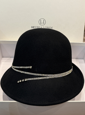 秋冬黑色钻条卷边羊毛礼帽英伦复古赫本风卷边羊绒毡帽时尚显脸小