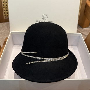 秋冬黑色钻条卷边羊毛礼帽英伦复古赫本风卷边羊绒毡帽时尚 显脸小