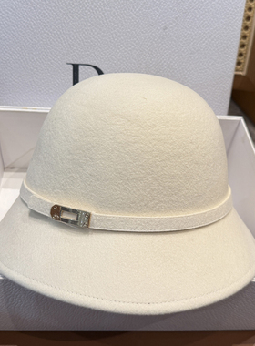 秋冬羊毛礼帽女金属扣纯羊绒毡帽气质复古盆帽优雅气质水桶帽法式