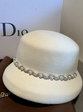 羊毛法式赫本礼帽女珍珠时尚盆帽白色高端羊绒复古千金帽子小沿潮