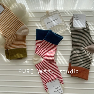 韩国进口秋冬精梳棉高罗口撞色条纹中筒袜女士堆堆袜百搭ins复古