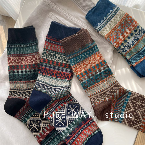 复古男精梳棉双针双路中筒袜粗线