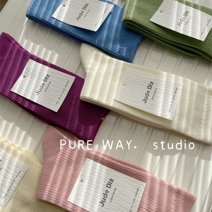 高端原创抗起球精梳纯棉无骨韩国纯色双针竖条堆堆袜子女中高长筒