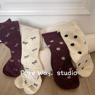 秋冬季 复古点子纱无骨中筒红袜子女堆堆卷边松口波点蝴蝶结本命年