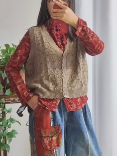 纯棉镂空花复古宽松前开扣V领女马甲