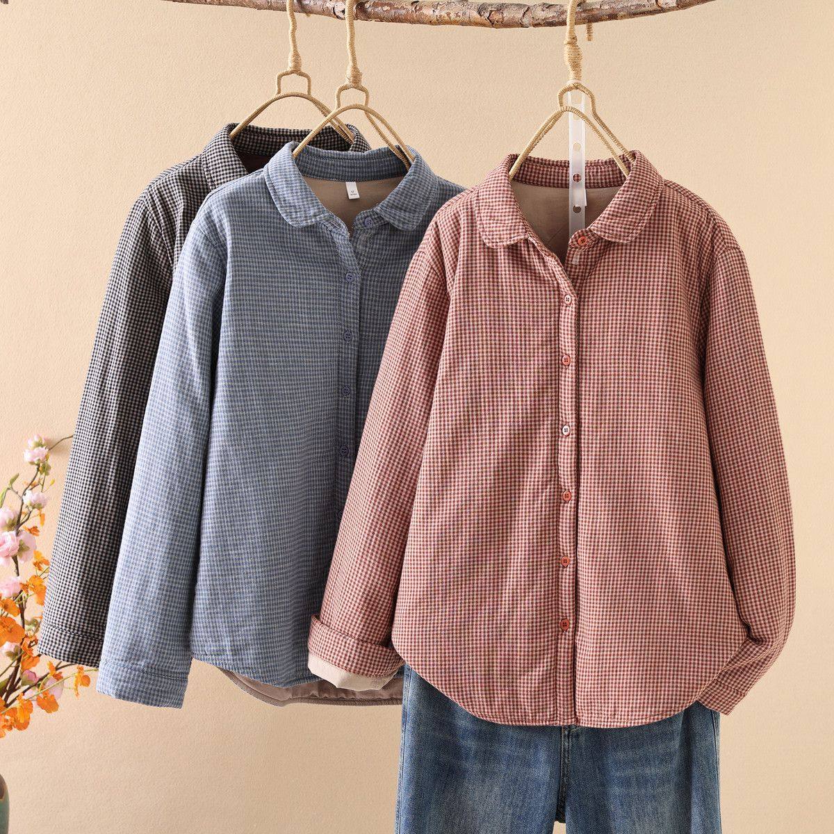 工厂直销 秋冬纯棉小格子夹棉女式长袖衬衫 经典娃娃领女式衬衣