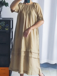 清仓压褶设计连衣裙女夏季新款宽松大码显瘦中长款棉麻天丝裙子