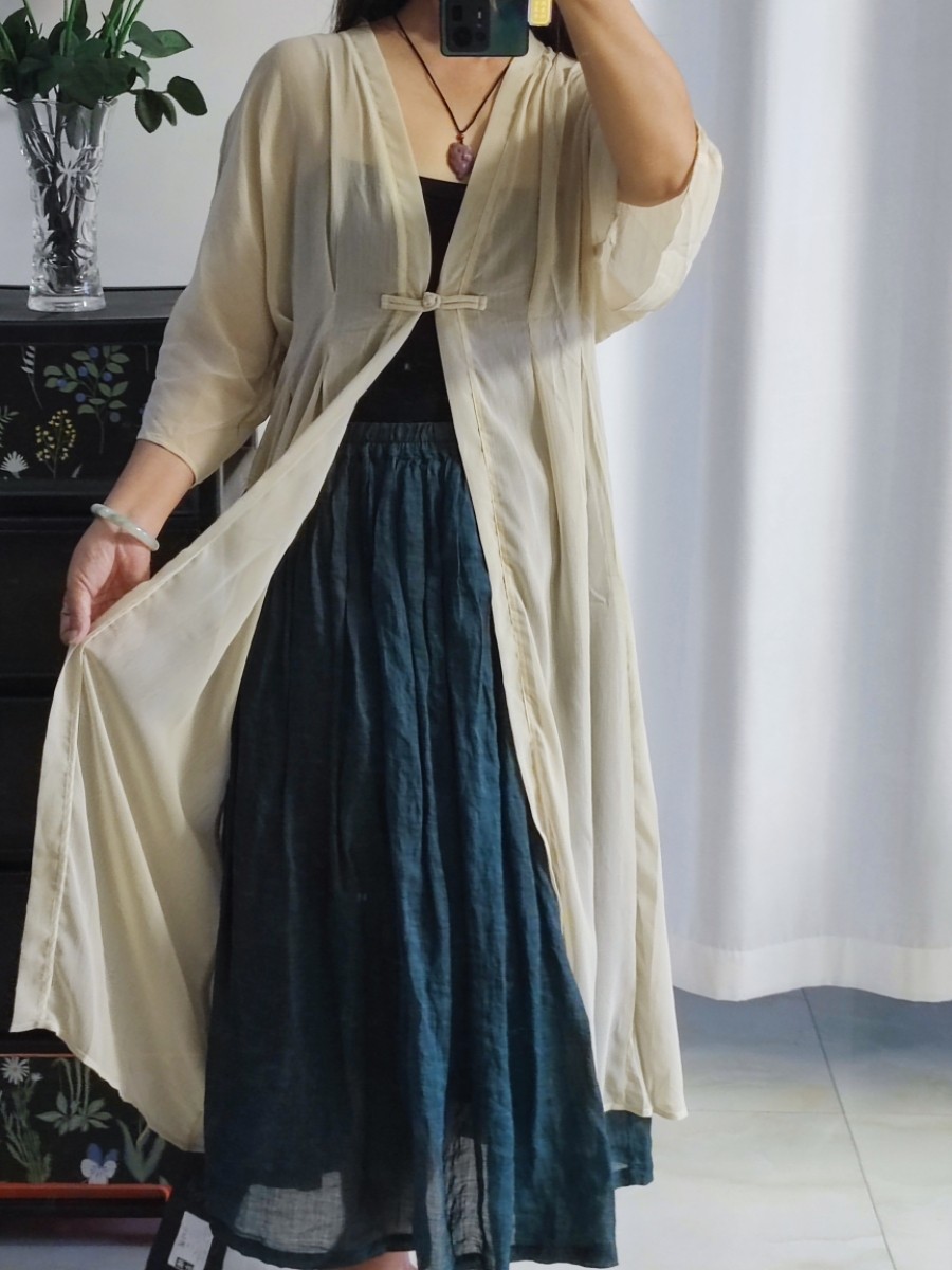 朦胧月光女袍子压皱感宽松欧根纱中式一粒盘扣长外搭防晒服女