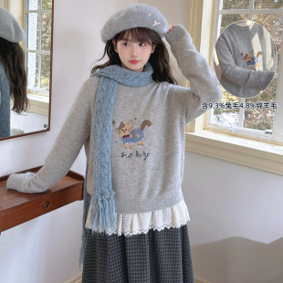 森女部落甜美可爱猫咪刺绣9.3%兔毛套头毛衣女新款 圆领内搭冬季