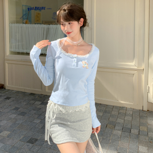 T恤女打底上衣2025新款 显瘦长袖 秋 修身 森女部落可爱小羊刺绣薄款