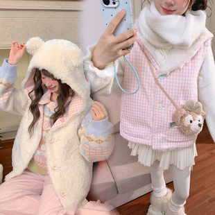 森女部落甜美风小熊双面穿设计感连帽马甲女新款宽松保暖外套冬季