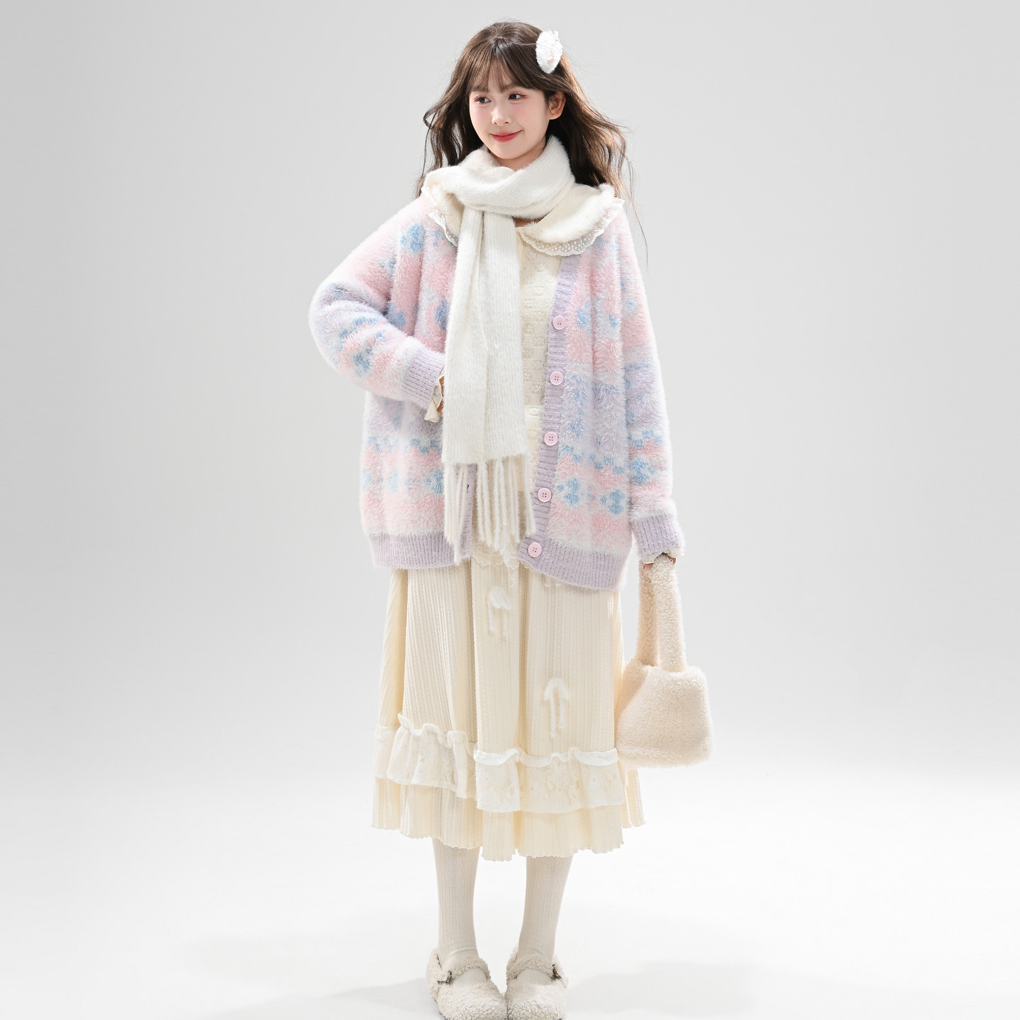 森女部落甜美马卡龙撞色元气针织开衫女新款百搭V领宽松毛衣冬季