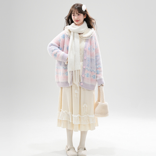 百搭V领宽松毛衣冬季 女新款 气针织开衫 森女部落甜美马卡龙撞色元