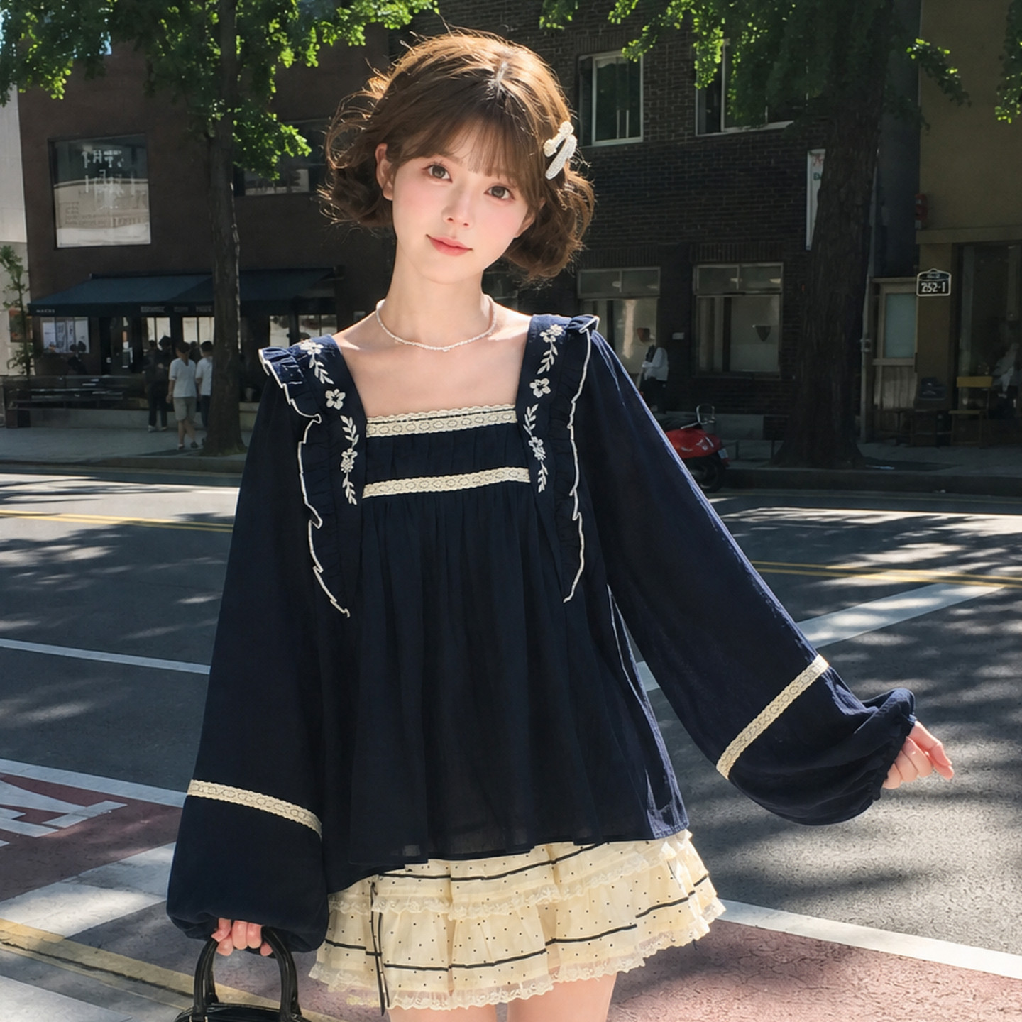 森女部落甜美方领衬衫女2026新款深蓝色重工刺绣长袖宽松早秋上衣