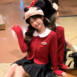 宽松长袖 森女部落甜美风红色显白短款 秋季 女2025新款 毛衣 针织开衫